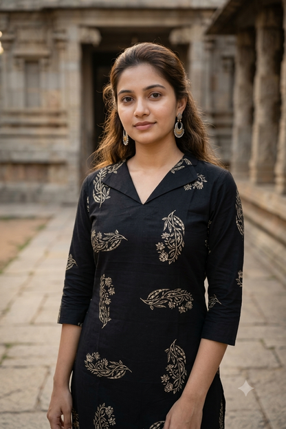 Jet Black Floral Block Print Cotton Kurti (IB0487)