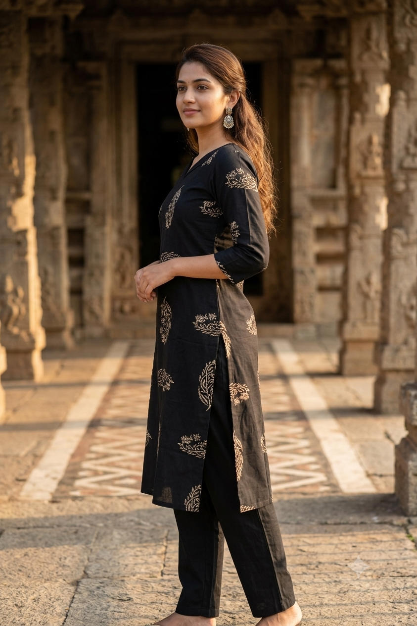 Jet Black Floral Block Print Cotton Kurti (IB0487)