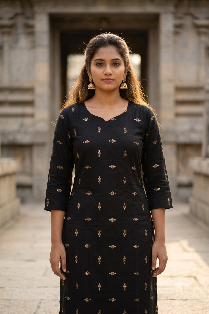 Jet Black Metallic Gold Micro-Bootee Block Print Cotton Kurti (IB0488)