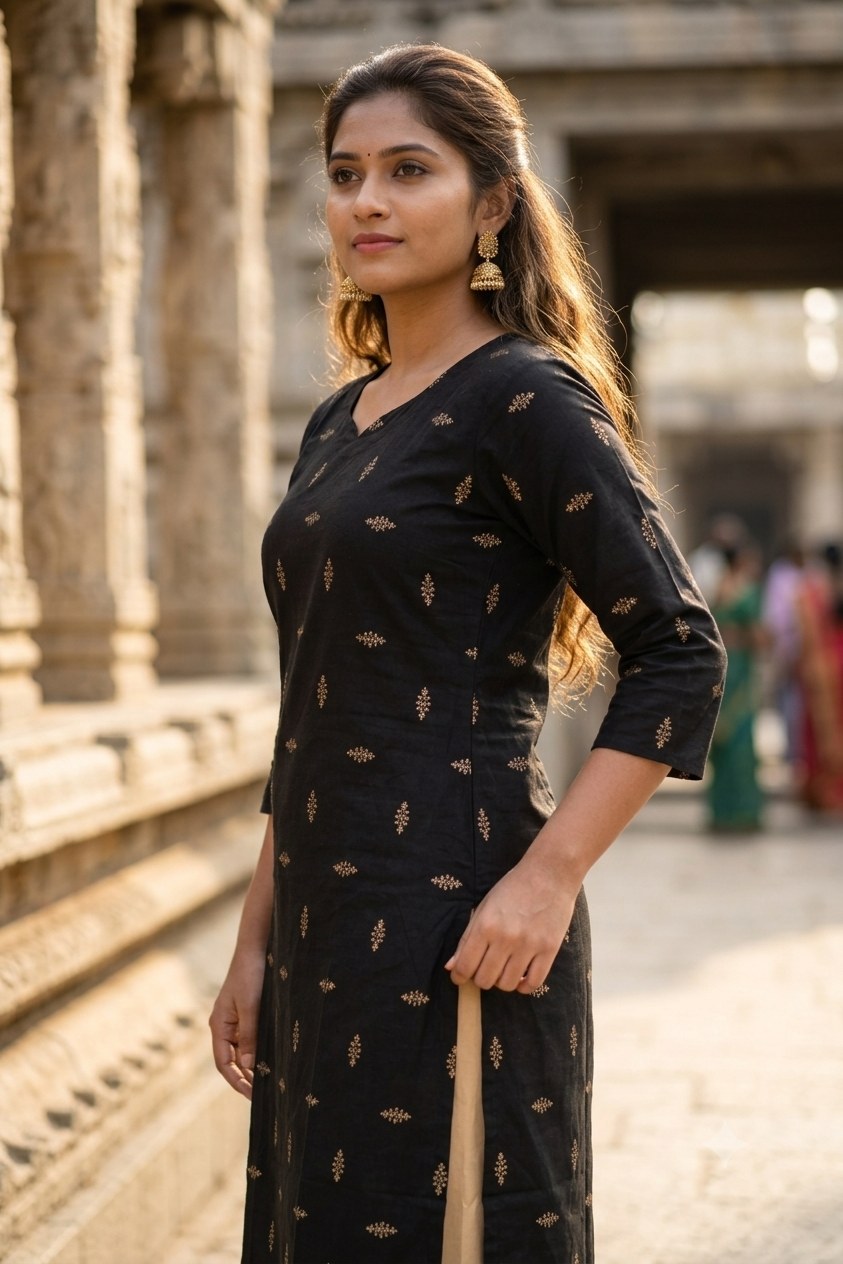 Jet Black Metallic Gold Micro-Bootee Block Print Cotton Kurti (IB0488)