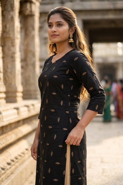Jet Black Metallic Gold Micro-Bootee Block Print Cotton Kurti (IB0488)