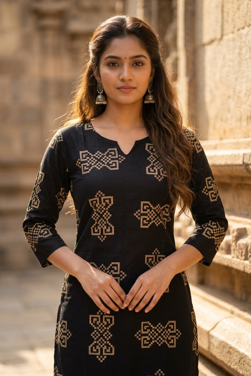 Jet Black Geometric Tribal Block Print Cotton Kurti (IB0489)