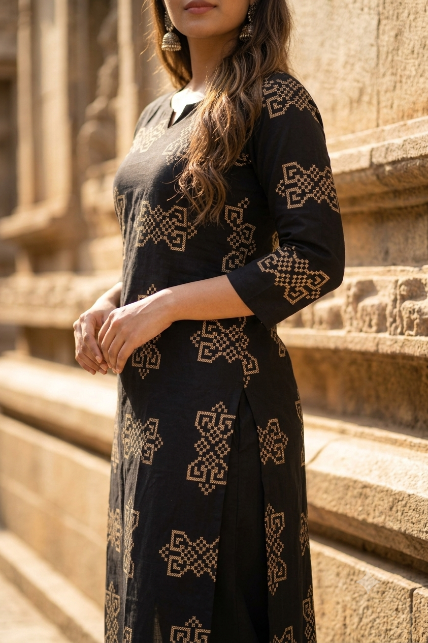 Jet Black Geometric Tribal Block Print Cotton Kurti (IB0489)