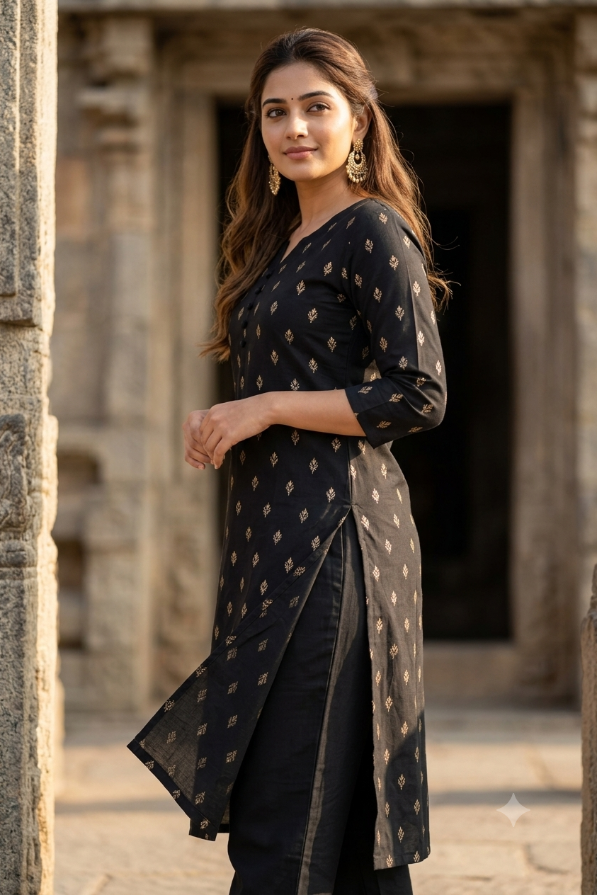 Jet Black Gold Floral Booti Print Cotton Kurti with Button Placket (IB0490)