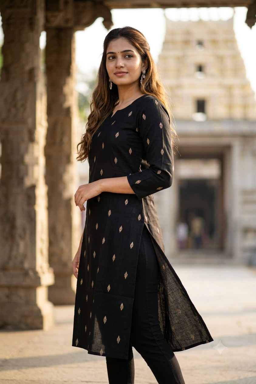 Jet Black Gold Micro-Booti Cotton Kurti (IB0491)