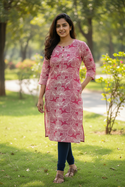 Pink Floral Print Rayon Kurti (IB021)