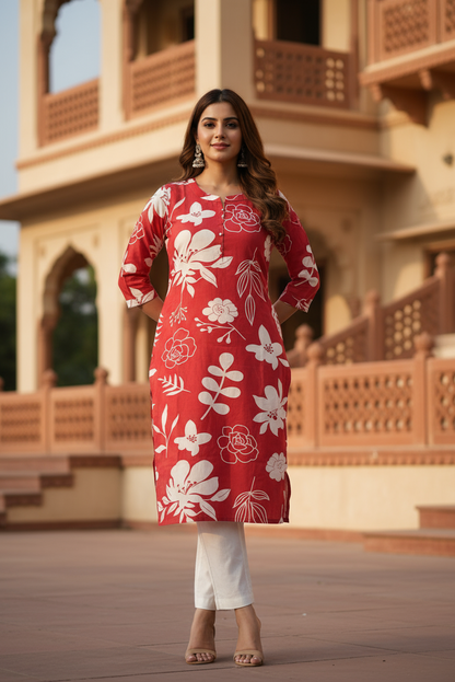 Red & White Floral Print Rayon Kurti (IB029)
