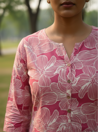 Pink Floral Print Rayon Kurti (IB021)