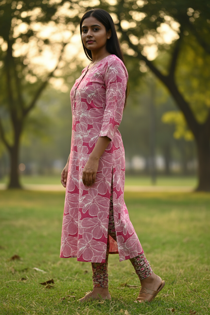 Pink Floral Print Rayon Kurti (IB021)