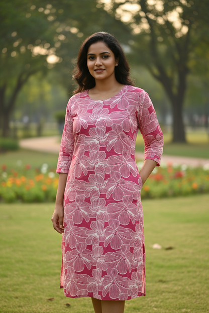 Pink Floral Print Rayon Kurti (IB021)