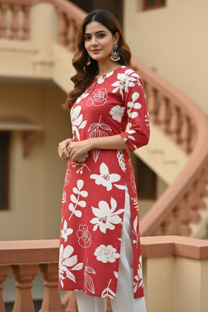 Red & White Floral Print Rayon Kurti (IB029)