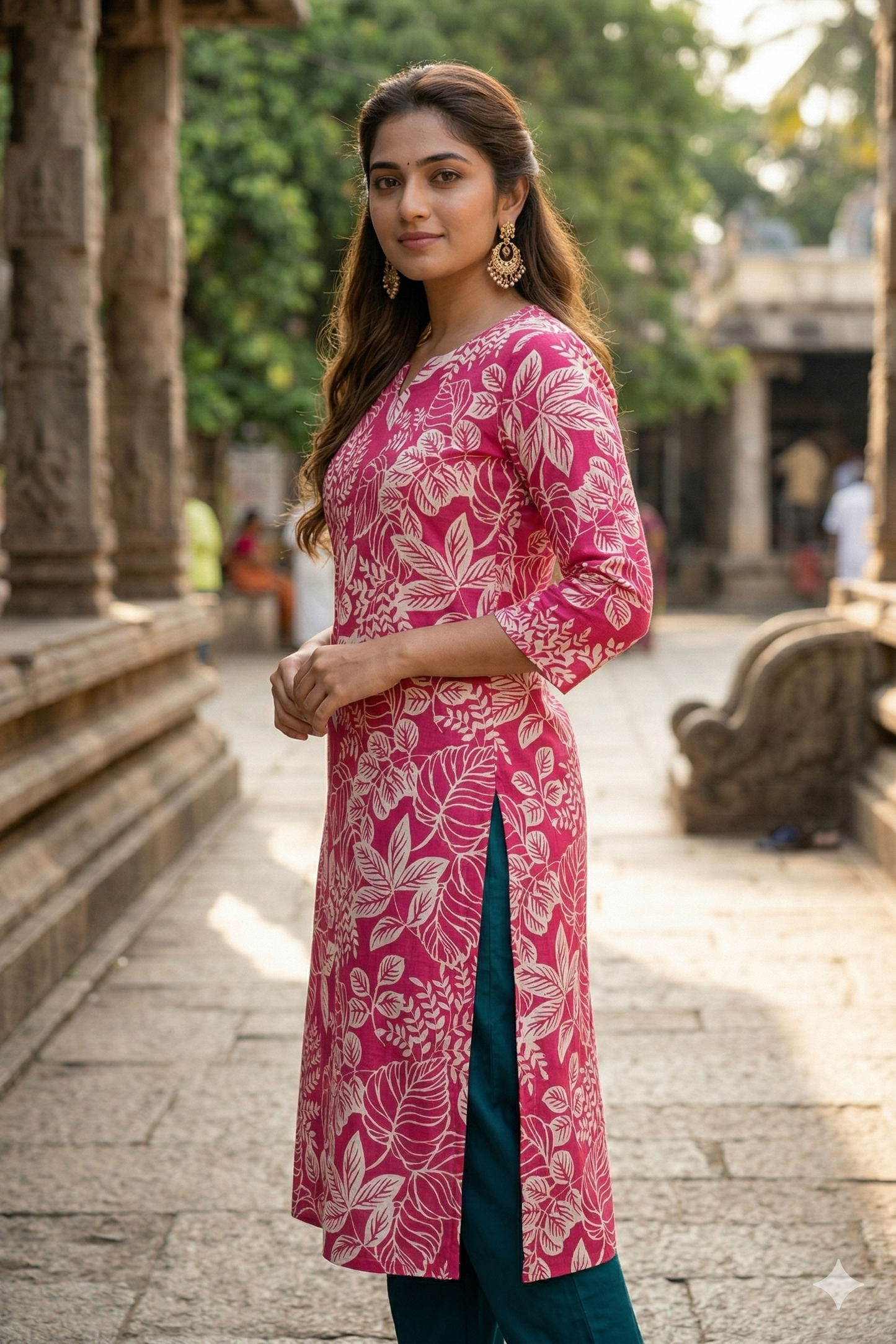 Magenta Pink Leaf Print Daily Wear (IB0385)