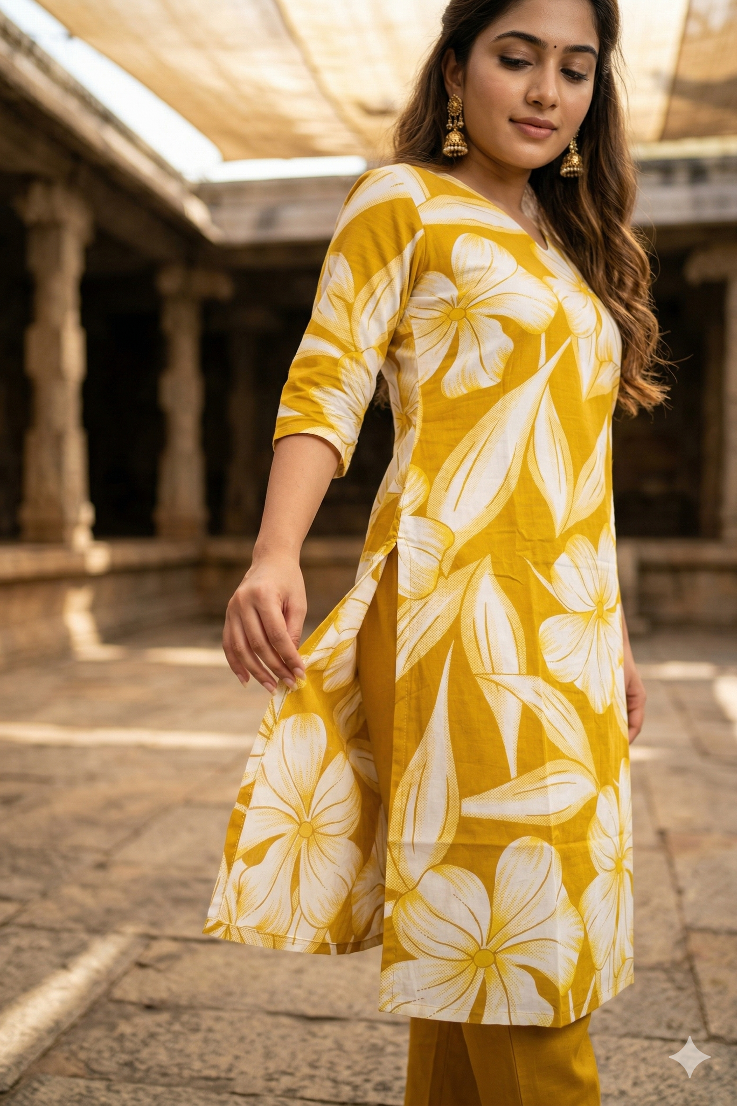 Mustard Yellow Large Floral Print Daily Wear (IB0401)