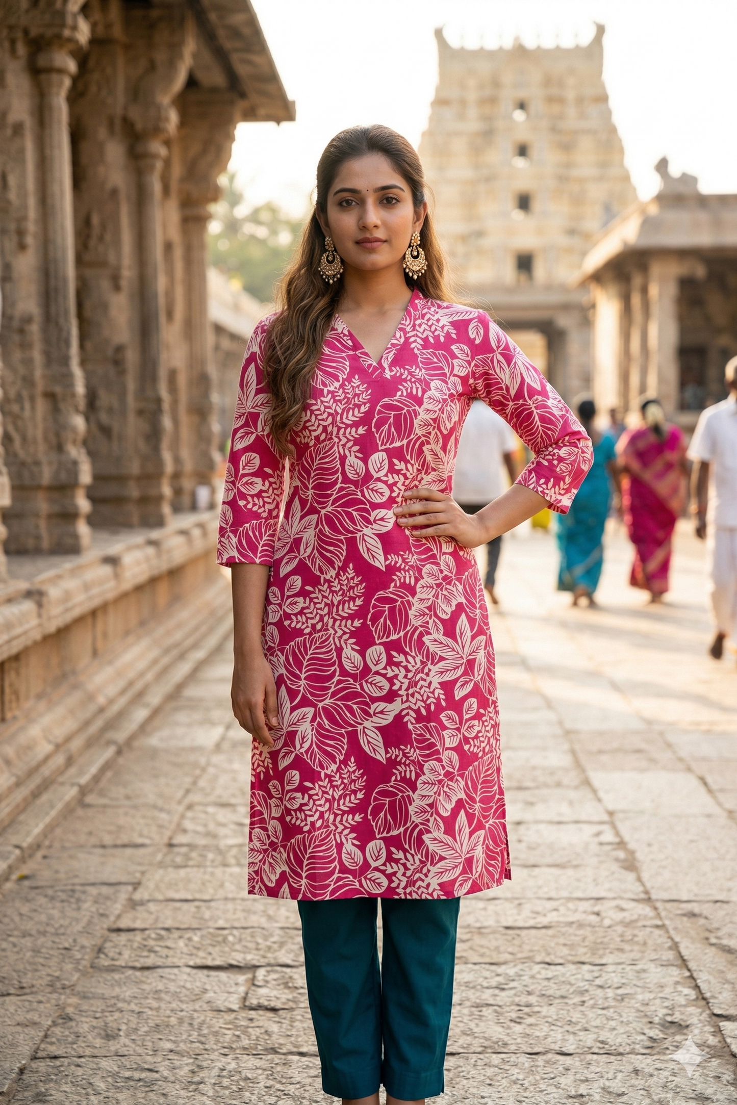 Magenta Pink Leaf Print Daily Wear (IB0385)