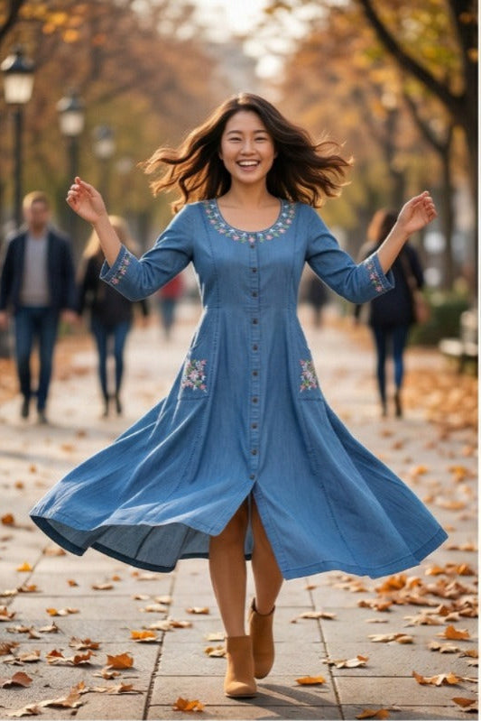 Denim Kurti with Floral Pocket Embroidery (IB0302)