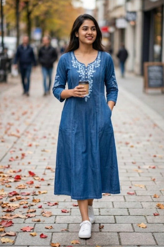 Mid-Blue Embroidered Denim Kurti (IB0303)