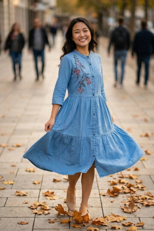 Light Blue Embroidered Denim Kurti (IB0304)