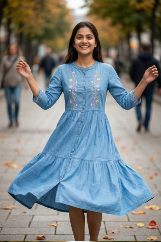 Embroidered Tiered Denim Kurti (IB0306)