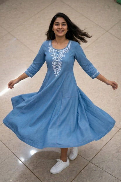 Sky Blue Flared Denim Fusion Dress (IB0307)