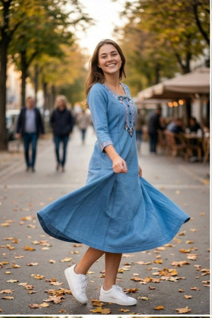 Floral Embroidered Denim Dress (IB0308)