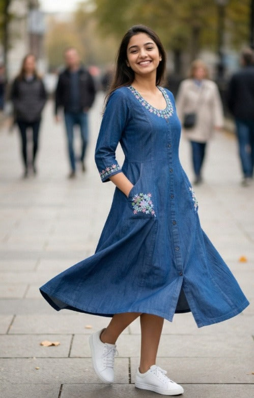 Denim Flared Maxi Kurti with White Floral Embroidery (IB0309)