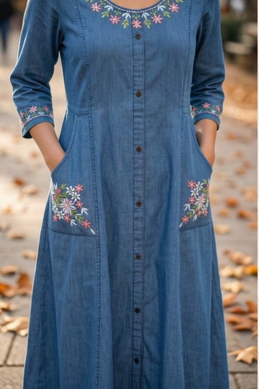 Denim Kurti with Floral Pocket Embroidery (IB0302)