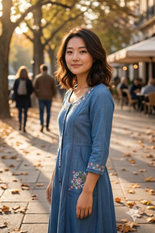 Denim Kurti with Floral Pocket Embroidery (IB0302)