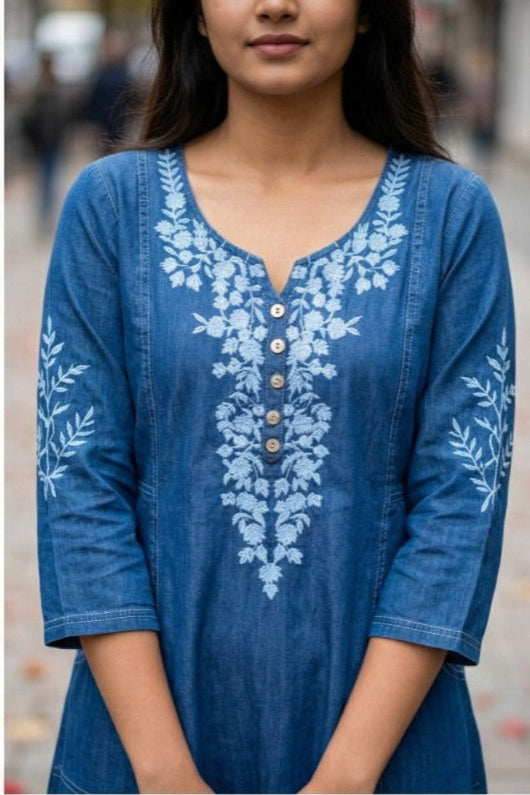 Mid-Blue Embroidered Denim Kurti (IB0303)
