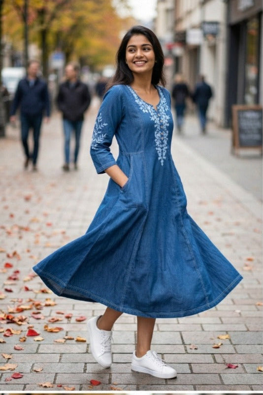 Mid-Blue Embroidered Denim Kurti (IB0303)