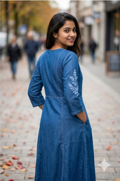 Mid-Blue Embroidered Denim Kurti (IB0303)
