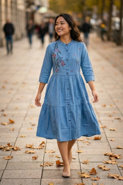 Light Blue Embroidered Denim Kurti (IB0304)