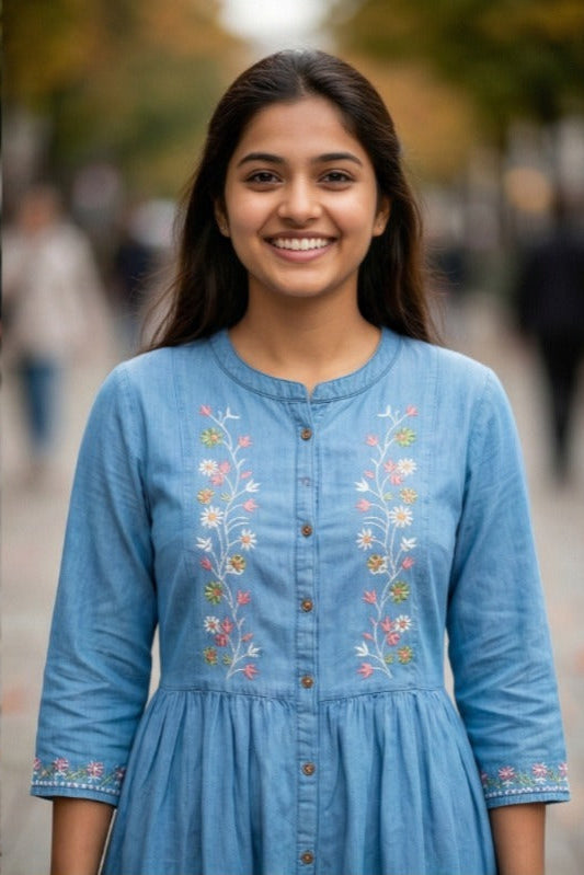 Embroidered Tiered Denim Kurti (IB0306)
