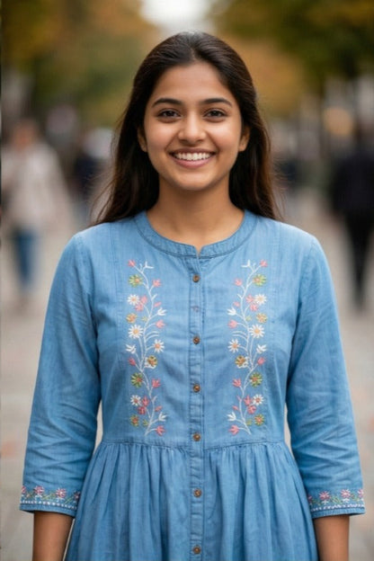 Embroidered Tiered Denim Kurti (IB0306)