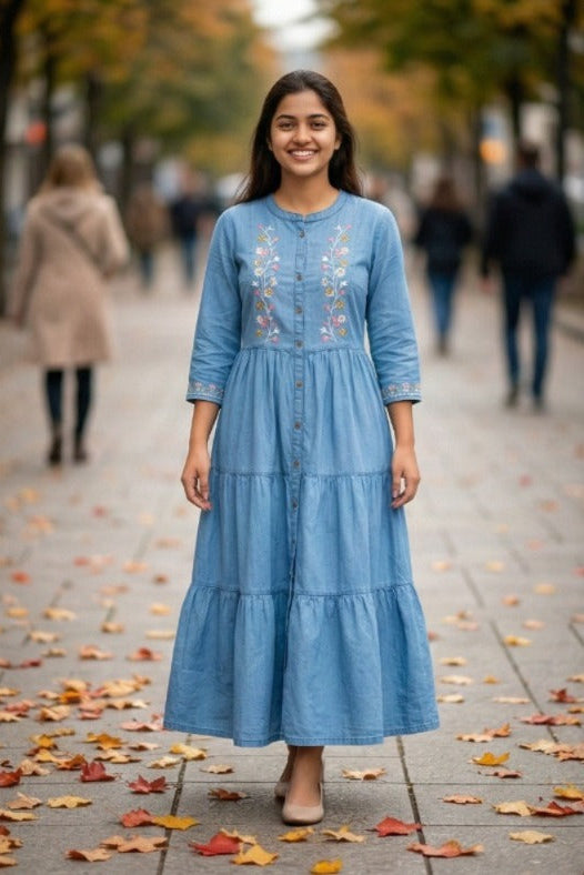 Embroidered Tiered Denim Kurti (IB0306)
