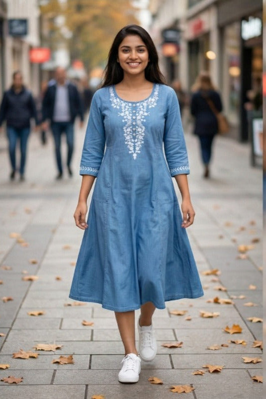 Sky Blue Flared Denim Fusion Dress (IB0307)