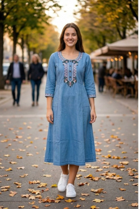 Floral Embroidered Denim Dress (IB0308)