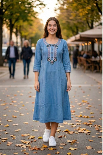 Floral Embroidered Denim Dress (IB0308)