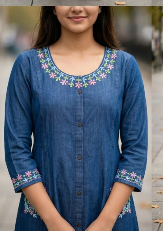 Denim Flared Maxi Kurti with White Floral Embroidery (IB0309)