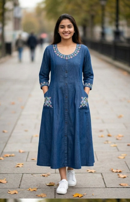 Denim Flared Maxi Kurti with White Floral Embroidery (IB0309)
