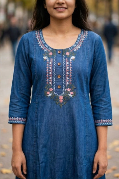 Embroidered Blue Denim Maxi Dress (IB0311)