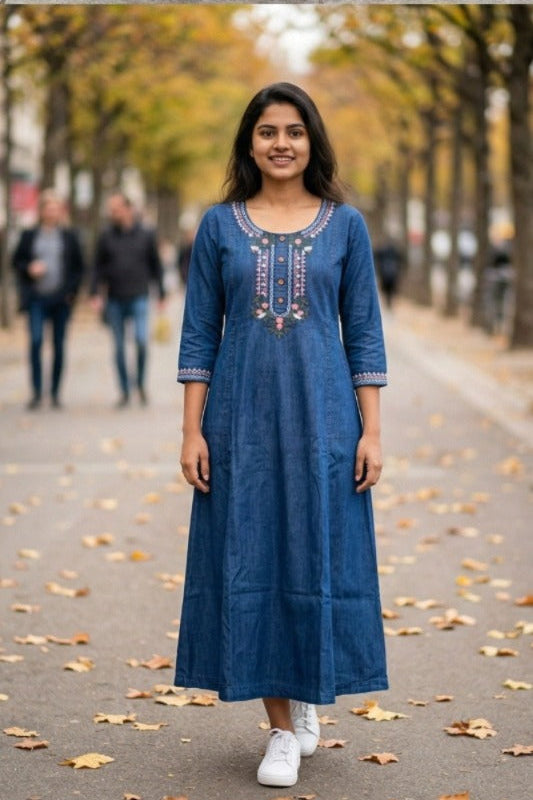 Embroidered Blue Denim Maxi Dress (IB0311)