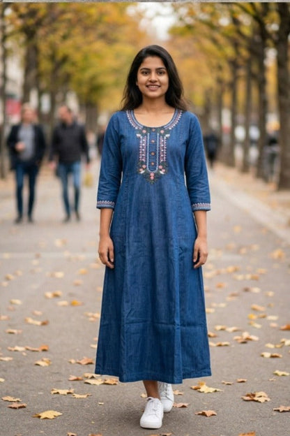 Embroidered Blue Denim Maxi Dress (IB0311)