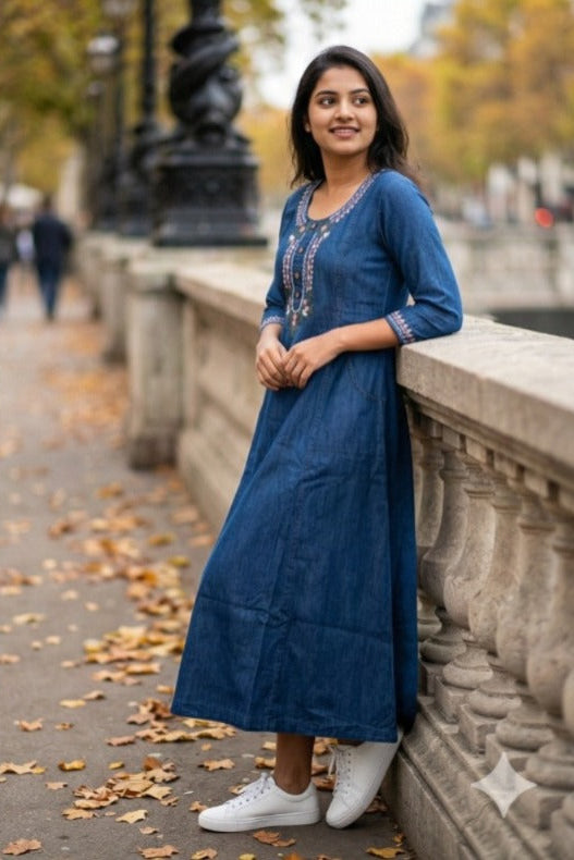 Embroidered Blue Denim Maxi Dress (IB0311)