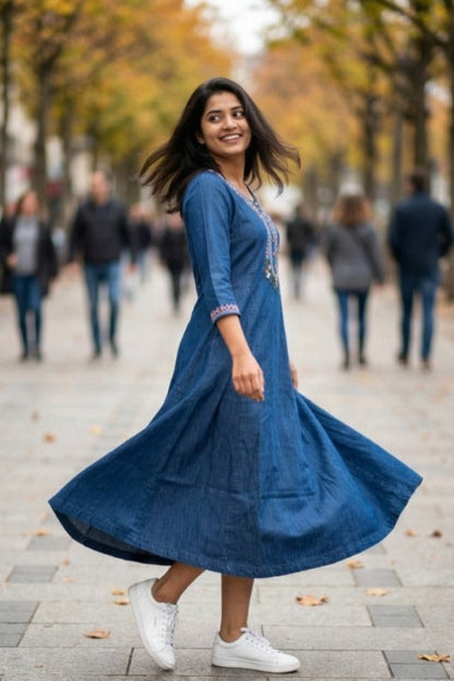 Embroidered Blue Denim Maxi Dress (IB0311)