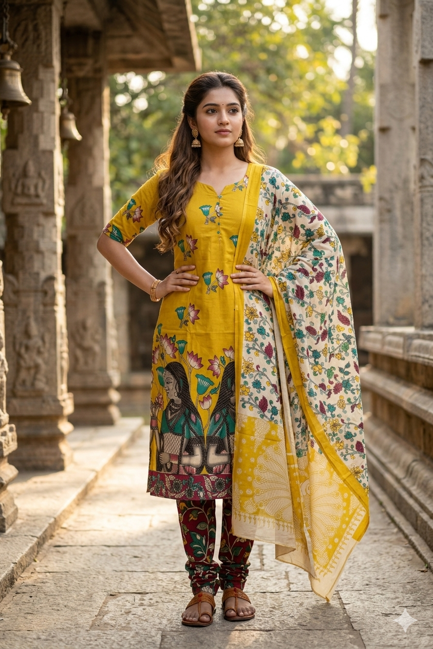 Mustard Yellow Kalamkari Cotton Kurti Set with Printed Dupatta (IB0516)