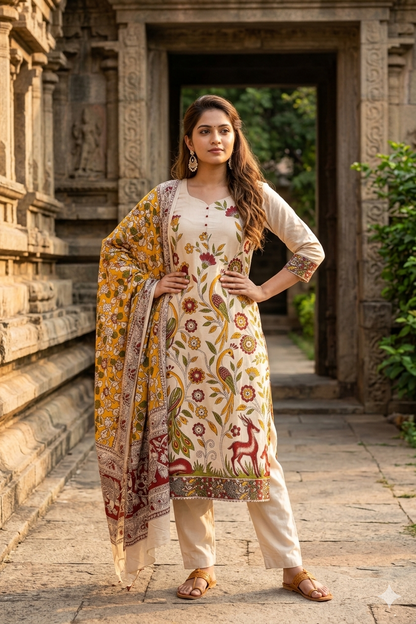 Heritage Kalamkari Peacock Floral Print Kurti & Dupatta Set (IB0517)