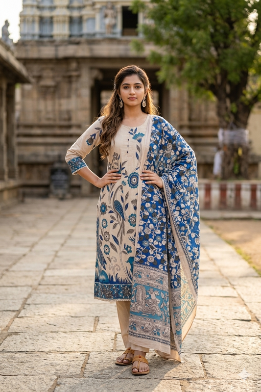 Indigo Blossom Kalamkari Cotton Kurta & Dupatta Set (IB0518)