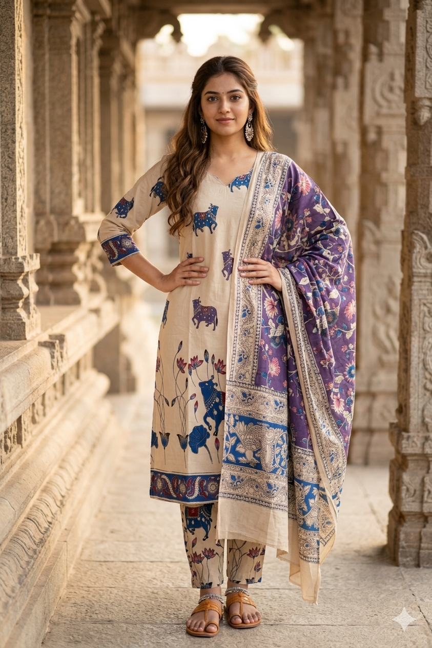 Beige Kalamkari Nandi Print Cotton Kurti with Floral Dupatta (IB0519)