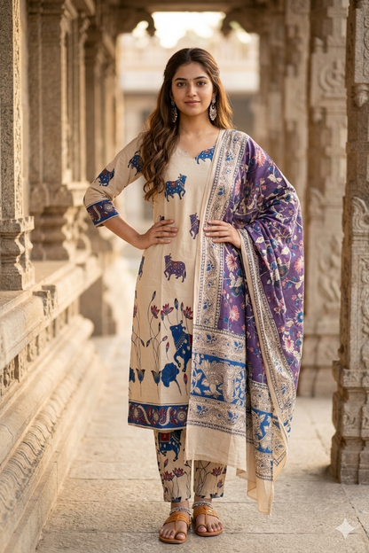 Beige Kalamkari Nandi Print Cotton Kurti with Floral Dupatta (IB0519)