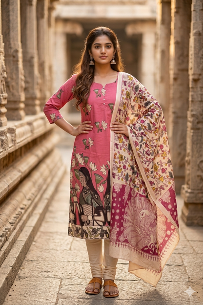 Rose Pink Lotus Block Print Kalamkari Kurti Set with Dupatta (IB0520)
